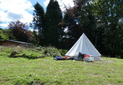 Orange family camping pitch in the hay meadow