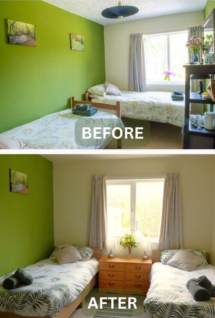 Vertical comparison of the Teign Room renovation at Wray Valley, showing the original layout and the new 18-inch wall extension for extra space.